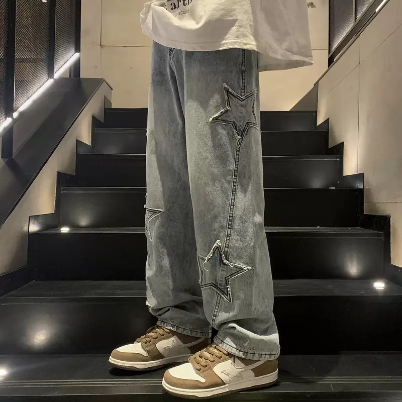 Haftowane gwiazdy proste męskie jeansy gotyckie neutralne nowe szerokie nogawki luźne Hip-hopowe młodzieżowe spodnie w stylu Streetwear Y2K