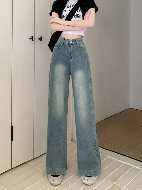 Jeans vintage de pernas largas para mulher, lavado, azul, casual, de cintura alta, reto, calça solta, verão, novo, 2022