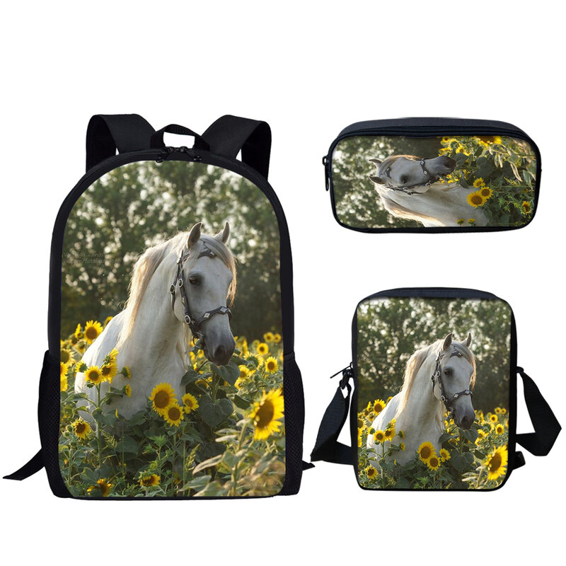 Sunflower Horse Print 3Pcs School Bag Teenager Boys Girls Casual Backpack Student Book Bag Lunch Bag Pencil Bag Daily Backpack