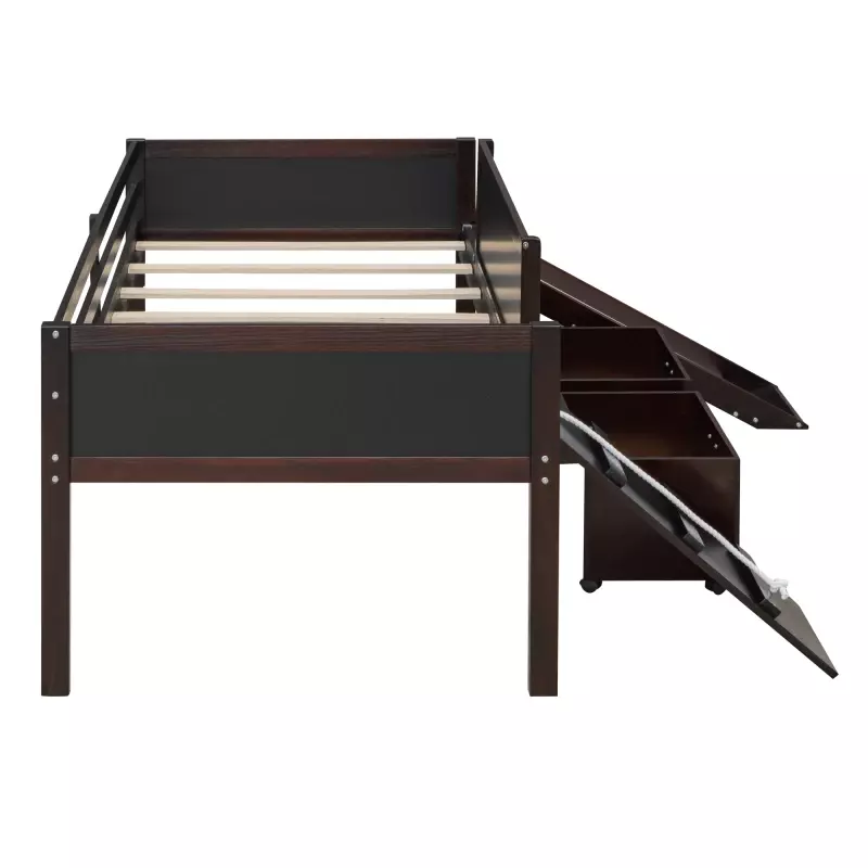 収納ボックス付き木製ベッド,子供用寝室,エスプレッソ,ツインサイズ,スライド式黒板