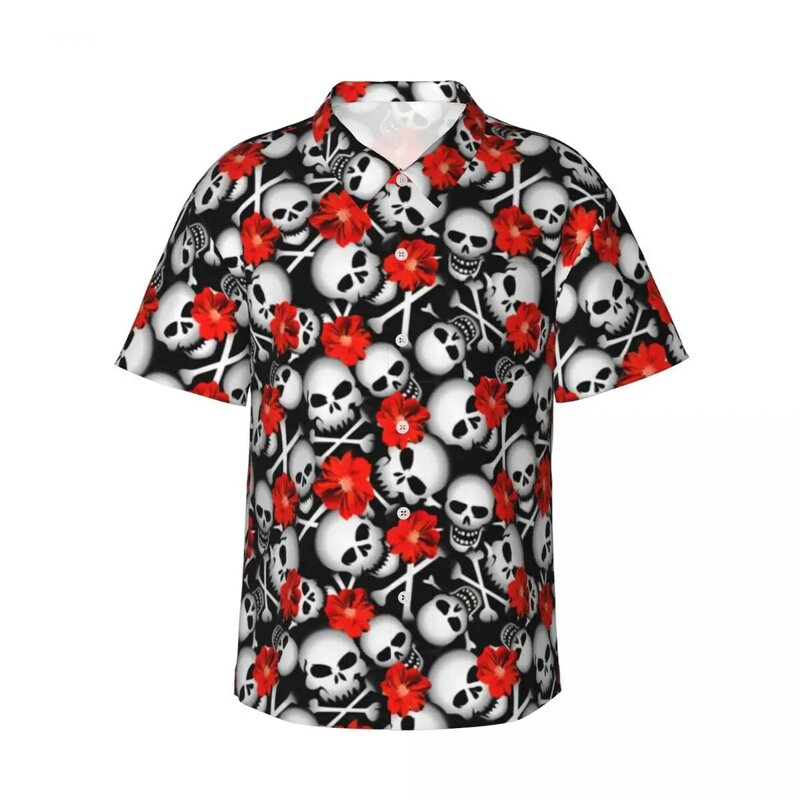 Camisa de playa de calavera de azúcar para hombre, camisas casuales hawaianas con estampado de flores rojas, blusas elegantes, ropa de calle de manga corta, ropa personalizada DIY