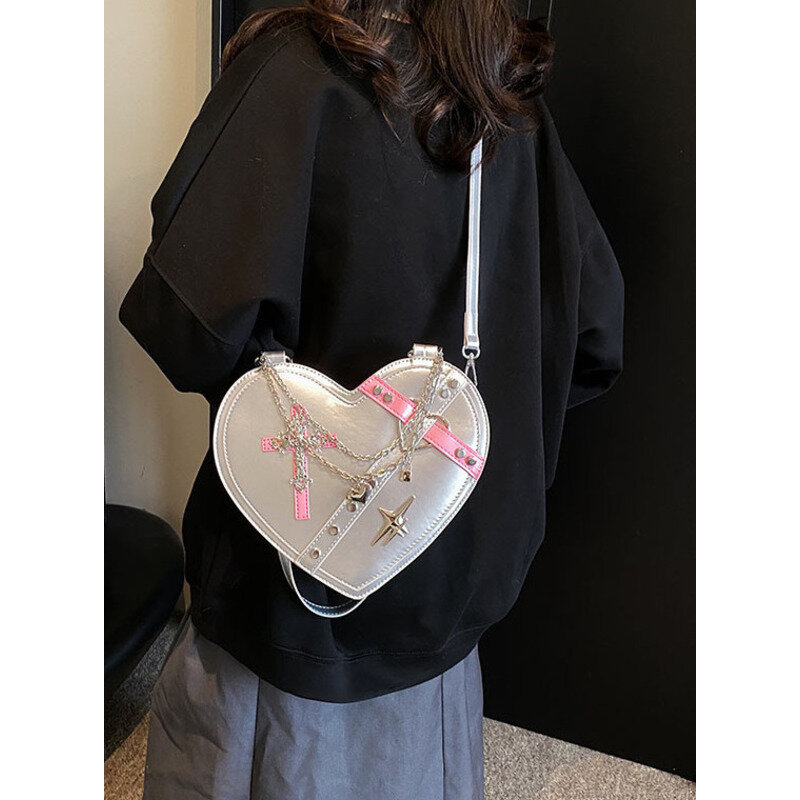 Tas Schouder Y 2K Dark Crossbody Love-Gevormde Lak Lederen Handtassen Voor Dames Casual Hoogwaardige Messenger Veelzijdige Luxe