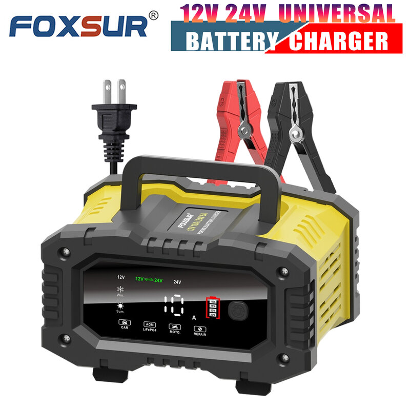 FOXSUR-cargador de batería portátil para coche, dispositivo de 12V y 24V para Lifepo4 AGM, baterías de plomo-ácido de motocicleta y camión con reparación automática de pulsos