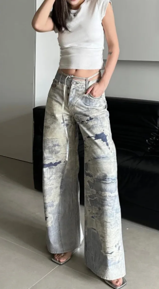 กางเกงยีนส์ของ Wome หมึกพิมพ์ทำย้อนยุค2024ฤดูใบไม้ผลิใหม่ผู้หญิง celana DENIM longgar ตรง