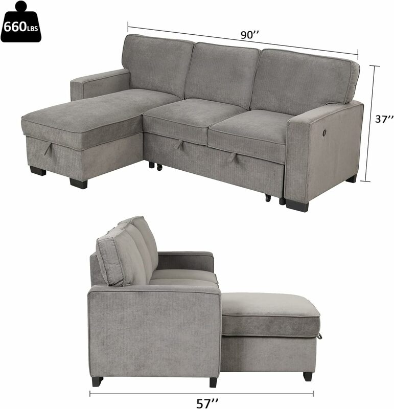 Convertible Sleeper Sofa 3 in 1,, Pull Out Sectional Futon Sofa Bed with Storage Space, USB Ports and Cup Holders for Bedroom