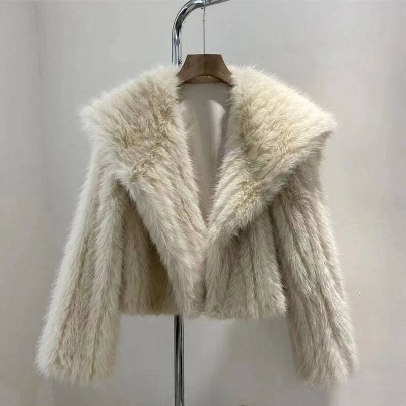 Women's Fur Coat, Navy Collar Stripe Top, Woven, Eco, Short, Winter, New, 2023