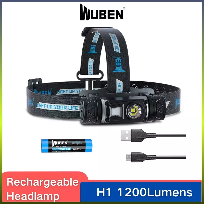 WUBEN-Farol de LED recarregável de alto poder, farol leve para pesca em execução, 1200lumens, LED P8, bateria 2600mAh, H1