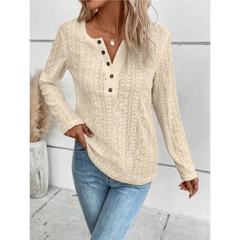 2023 Spring and Autumn Women's Tops New Solid Color V-Neck Button Lace Comfort Long Sleeve Hollow Out Casual Shirt Pullover
