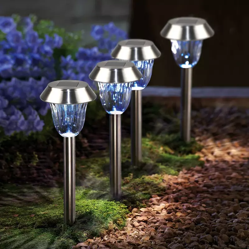 Lampu LED dekorasi taman, cahaya lantai Stainless Steel tenaga surya tahan air 1/2/4/6/8 buah