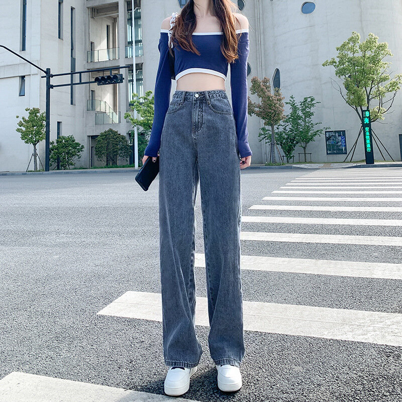 Jeans reto de comprimento total feminino, streetwear solto, moda coreana clássica, estudantes vintage simples, lazer elegante e chique BF