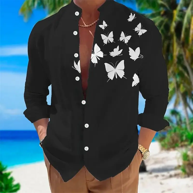 Farfalla da uomo alla moda stampata in 3D tinta unita top Hawaii leisure vacation risvolto button camicia a maniche lunghe plus size