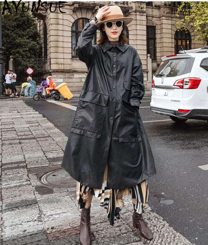 AYUNSUE-Jaqueta de couro de carneiro genuína feminina, elegante trench coat solto, longos casacos pretos, SGG, 2023