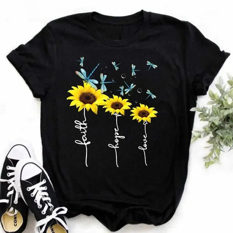 Baumwolle lässig niedlich Sonnenblume Schmetterling Druck T-Shirt bequeme Frauen schwarz Top übergroße T-Shirt Grafik T-Shirts