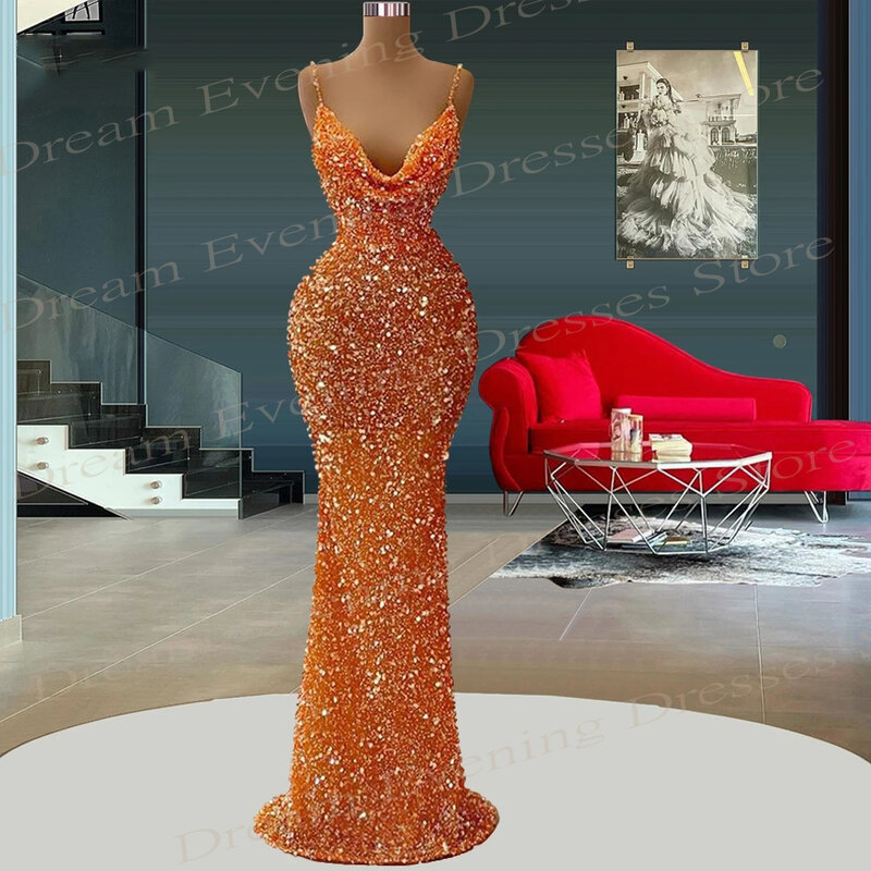 Женское вечернее платье-русалка, элегантное золотистое платье с блестками, на бретелях-спагетти, без рукавов, для выпускного вечера