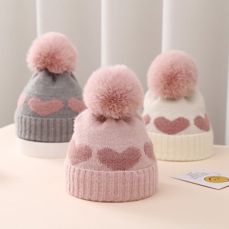 여아용 귀여운 하트 패턴 플러시 니트 비니 모자, 따뜻한 병원 모자, 추운 날씨를 위한 2 중 레이어, 두꺼운 겨울 모자