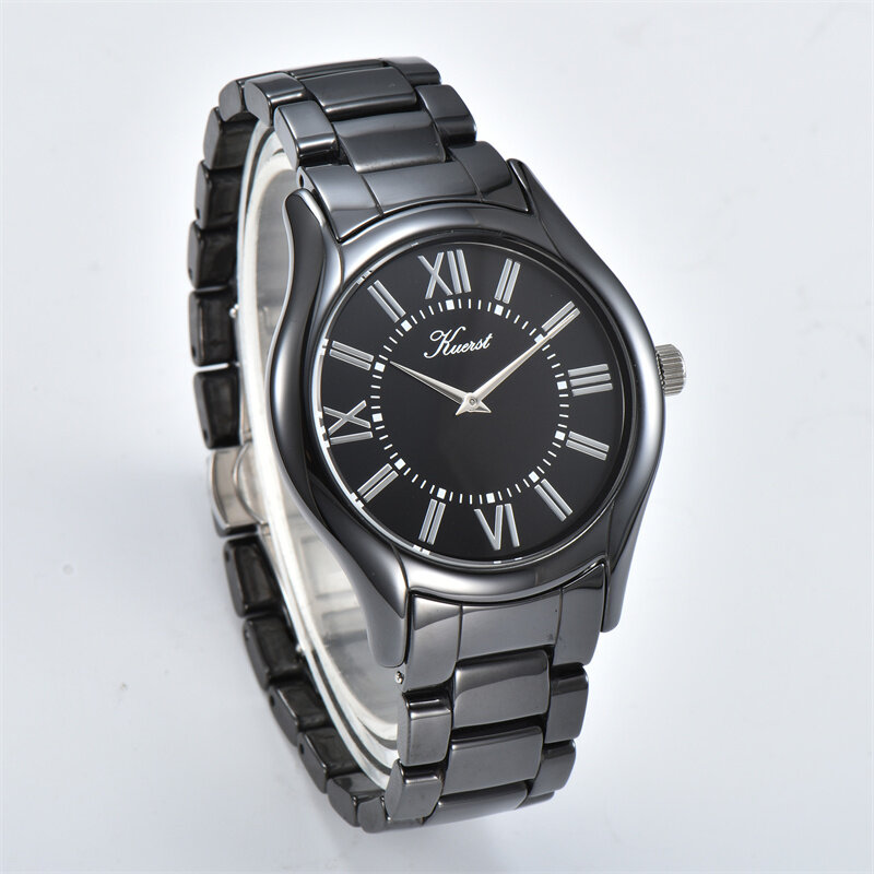 Jam tangan keramik pria, arloji hitam putih Quartz sederhana tahan air