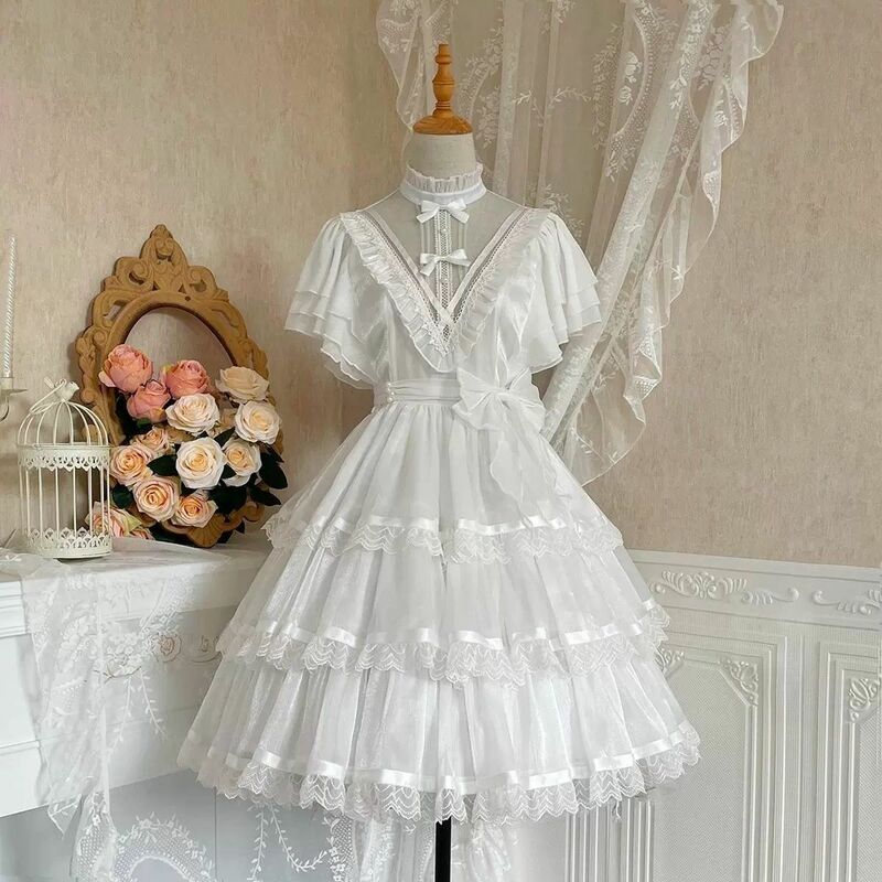 Sweet Lolita Princess Dress Women Gothic Y2k Lace Bow Ruffles Flowers Wedding Dresses Girly Chic Evening Party