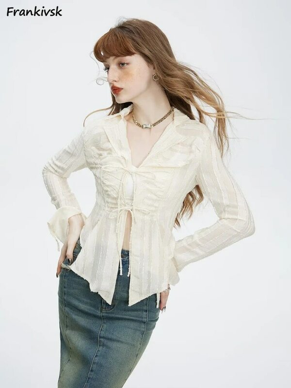 여성용 불규칙한 셔츠 상의, Y2k 프렌치 스타일, 우아하고 날씬한 붕대 디자인, 얇은 가을 기질 크롭, 올 매치 캐주얼 데일리