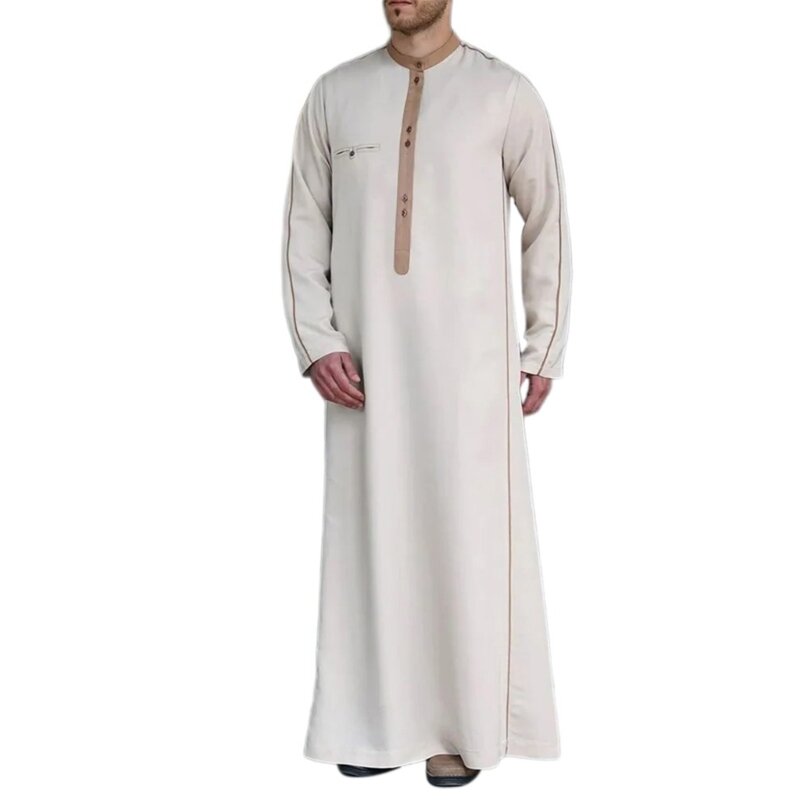 Caftan à manches longues pour hommes, Robe arabe traditionnelle, Robe musulmane à col ras du cou, Robe islamique, vêtements