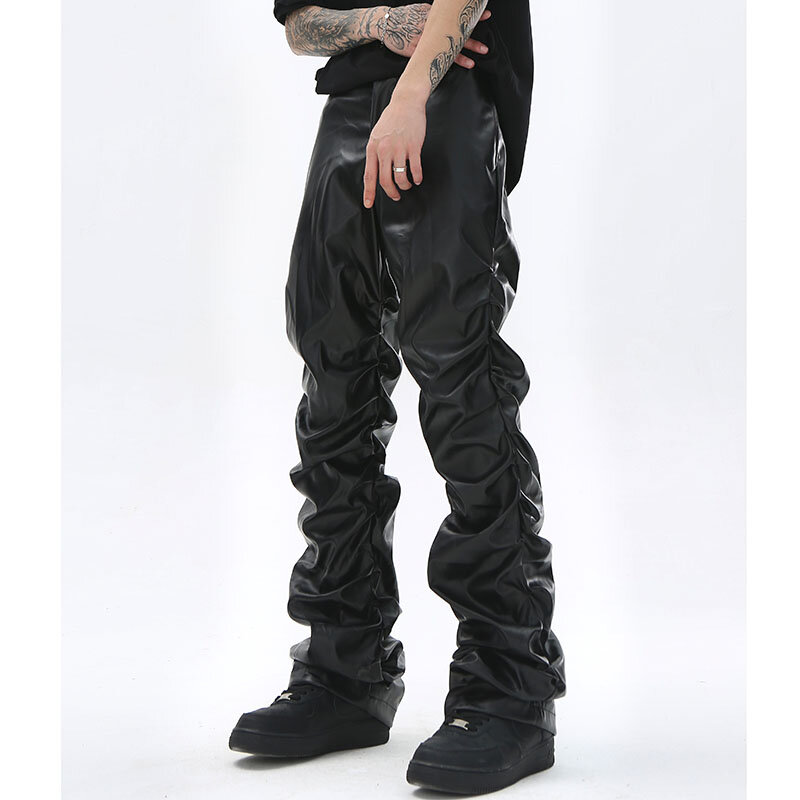 Hip Hop Mens Pu หนังกางเกง Harajuku Retro Streetwear หลวม Ruched ลำลองตรงกางเกงสีกางเกงสีดำ