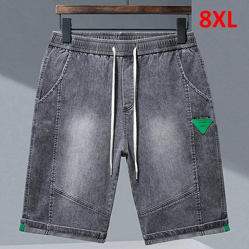 Celana pendek Denim pria, Jeans ukuran besar 8XL musim panas celana pendek mode kasual pinggang elastis celana Jeans ukuran besar Aflczyu bawah