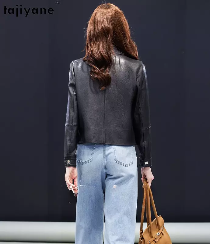 Tajiyane 여성용 진짜 양가죽 가죽 재킷, 2023 한국 패션, 바이커 가죽 재킷, 짧은 스트리트웨어, 최고 품질