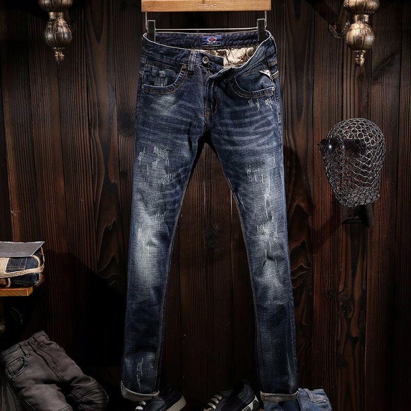 Włoski projektant modne dżinsy męskie wysokiej jakości niebieskie w stylu Retro elastyczny Slim Fit porwane jeansy mężczyźni spodnie w stylu Vintage spodnie dżinsowe Hombre