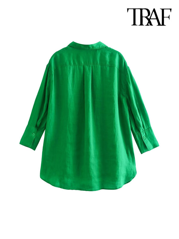 TRAF-camisas asimétricas de lino con aberturas laterales para mujer, blusa Vintage de manga larga con botones delanteros, Tops elegantes
