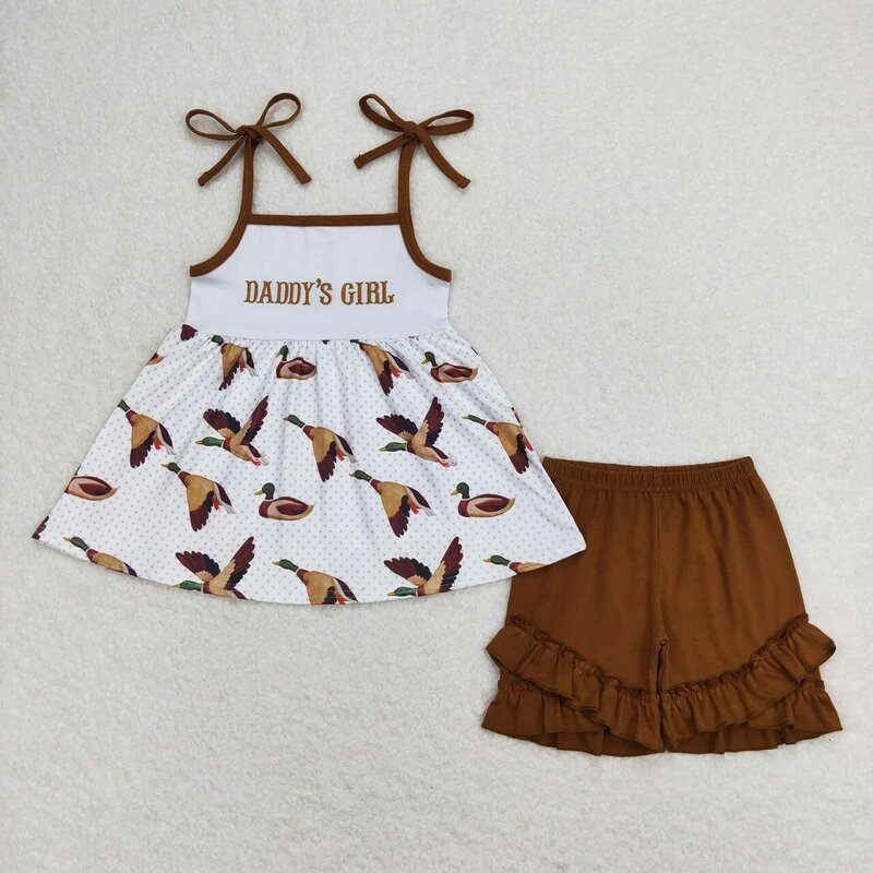 Grosir anak laki-laki perempuan atasan celana pendek katun coklat bebek pakaian anak-anak bordir musim panas Set Hari Ayah