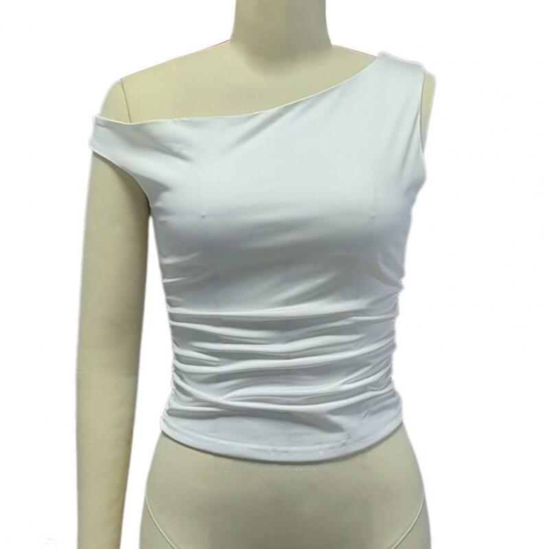 Top feminino slim fit off-ombro, colete elegante, gola assimétrica, decote assimétrico, pulôver sem mangas, top no verão