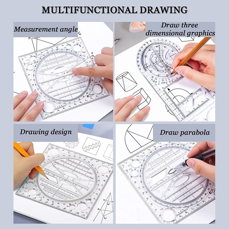 4 pezzi righello geometrico multifunzionale strumenti di disegno righello di plastica Set matematica misurazione righelli da disegno a cerchio