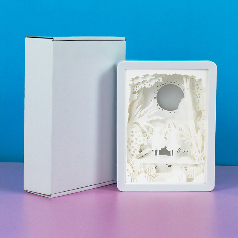 กล่องกระดาษสี lampu kotak ลายการ์ตูนสำหรับคู่รักแบบ3มิติงานหัตถกรรมกระดาษไฟไฟกลางคืน LED ภาพสามมิติสำหรับห้องศิลปะบนผนังของขวัญวาเลนไทน์