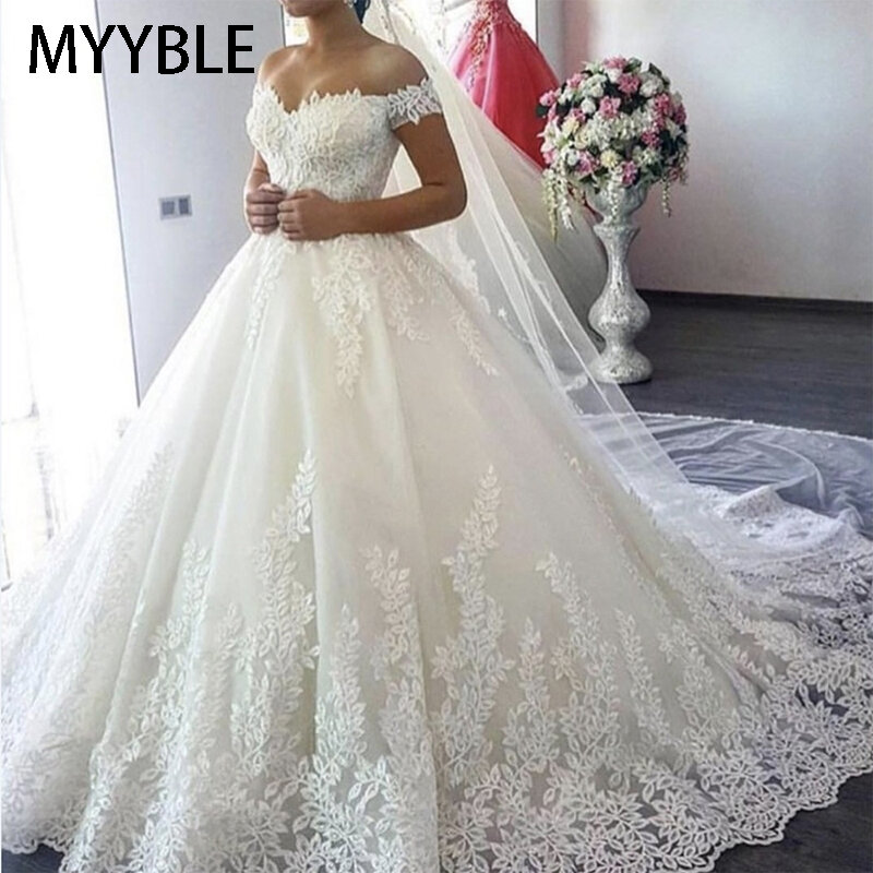 MYYBLE gaun pernikahan putih bahu terbuka ukuran ekstra besar gaun pengantin buatan khusus kereta ukuran ekstra besar Tulle Mariage 2023