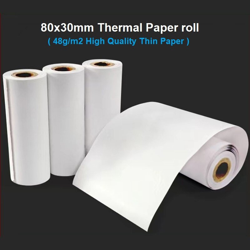 薄い熱レシート用紙ロール、印刷用紙、ポータブル接続機に適しています、5ロール、長さ8.7メートル、48g/m2、80x30mm