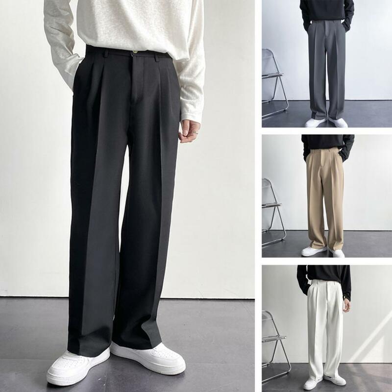 Popular Anti-deformed Men Mid-Rise Straight Wide Leg Casual Pants Button Zipper Fly Skin-touching Suit Pants for School
