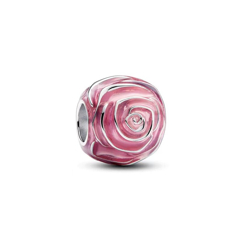 Charme de Prata 925 Dangle para mulheres, rosa rosa em flor, grânulo branco, se adapta à pulseira Pandora original, DIY, joias, novo, 2024