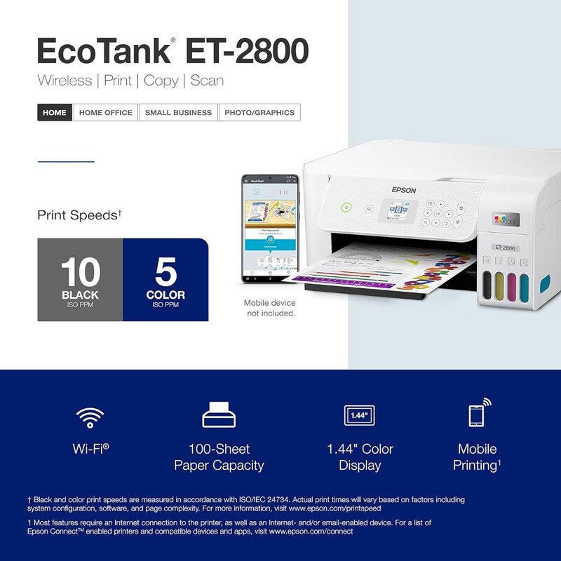 EcoTank ET-2800 Bezprzewodowa, kolorowa drukarka typu „wszystko w jednym” ze skanowaniem i kopiowaniem unity” Idealna podstawowa drukarka domowa