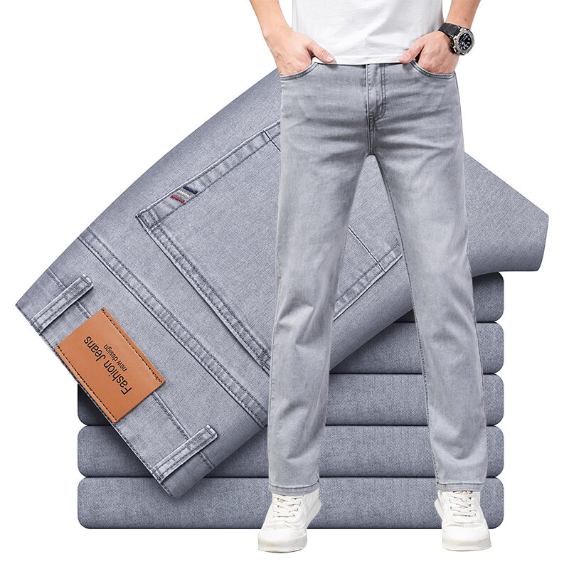 Celana panjang Jeans katun elastis pria, celana kasual lurus bisnis abu-abu nyaman merek kualitas tinggi Musim Panas 2024