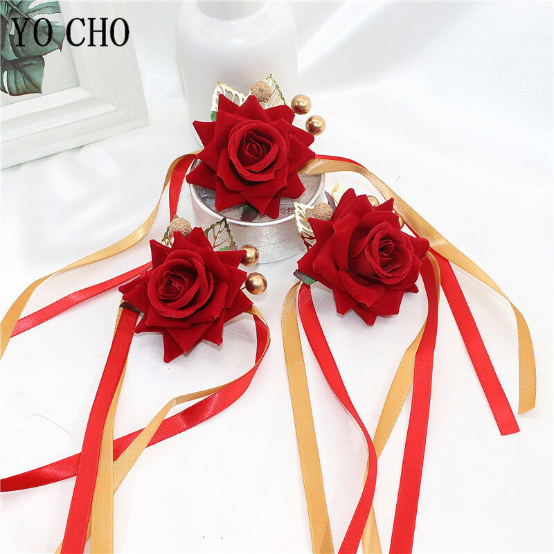 Bridesmaid Corsage Bracelet Wedding Wrist Corsage Flannel Rose Polyester Ribbon Party Prom Supplies Red White Bridal Hand Flower