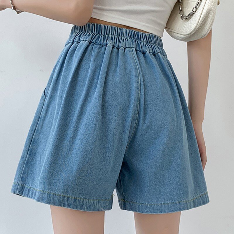 Celana pendek Denim kasual wanita, Bawahan Jeans pendek Denim pinggang tinggi kasual gaya Korea dasar warna polos W1712 2024