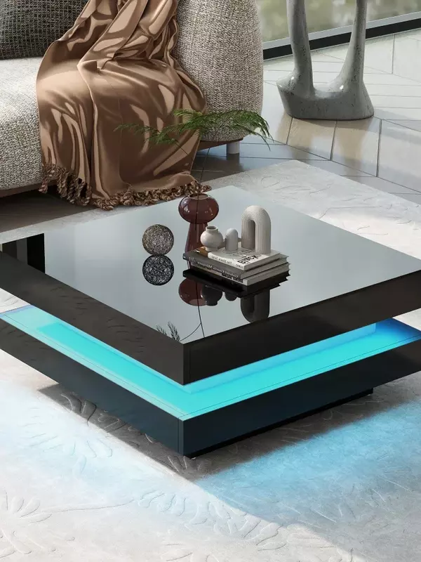 Design minimalista lucido con luci LED plug-in a 16 colori, tavolino quadrato a 2 livelli, tavolino centrale per soggiorno, nero