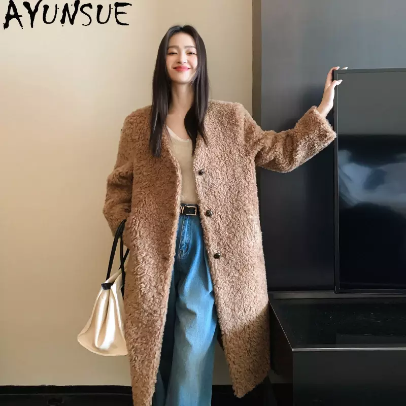 Ayunsu-معطف طويل للنساء من الفرو ، 100% جاكيت بقص الأغنام ، صوف نقي ، جودة عالية ، موضة كورية ، شتاء ، 2023