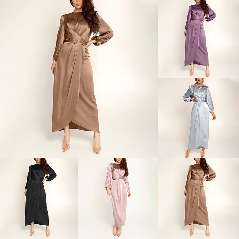Sophisticated Long Maxi Dress Women\\\\\\\'s Satin Muslim Dress Kaftan Effortlessly Elegant Party Gown with Puff Sleeves