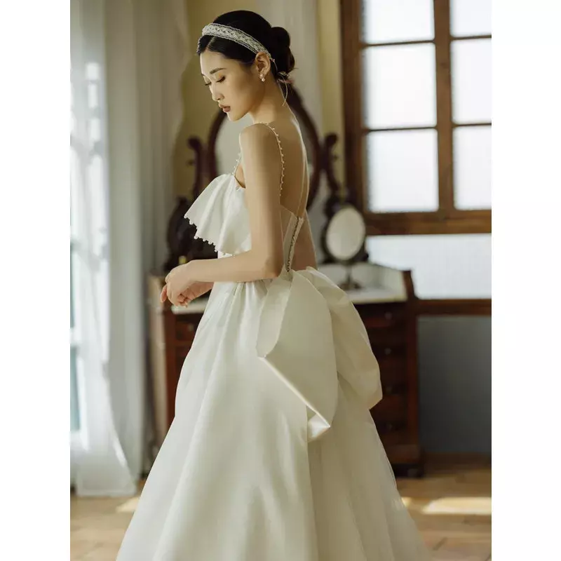 Vestido de novia de satén, prenda de vestir de estilo Retro, Simple, con tirantes Hepburn, novedad de 2023