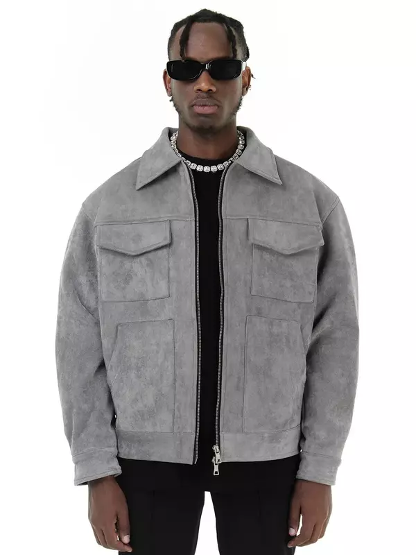 Jaket Crock bahan Suede High Street antik dengan ritsleting kerah jaket pendek kasual untuk pria