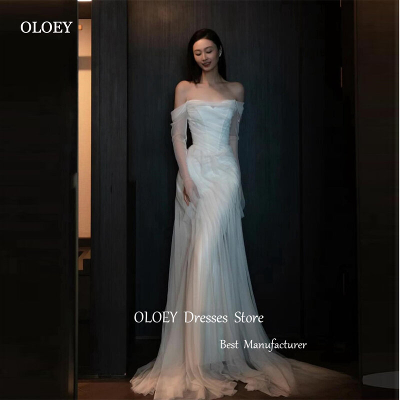 OLOEY Simple Soft Tulle A Line Korea Wedding Dresses Off Shoulder Long Sleeves Bridal Gowns Fairy Formal Evening Dress Party