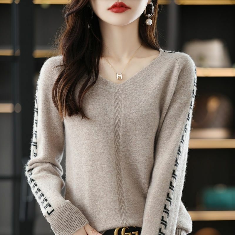 솔리드 컬러 프린트 스웨터 v넥 스크류 스레드 스플라이스 니트 점퍼 여성용, 한국 의류, 가을 겨울 상품