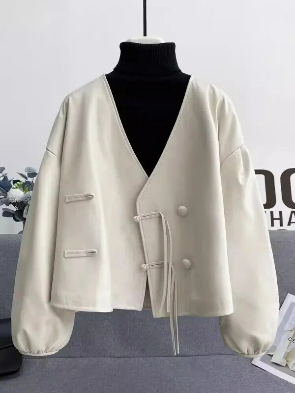 New Fashion Design Lady Genuine Leather Jacket Women Tang Button V-Neck Spring Autumn Long Sleeve Casual Sheepskin Short Coat