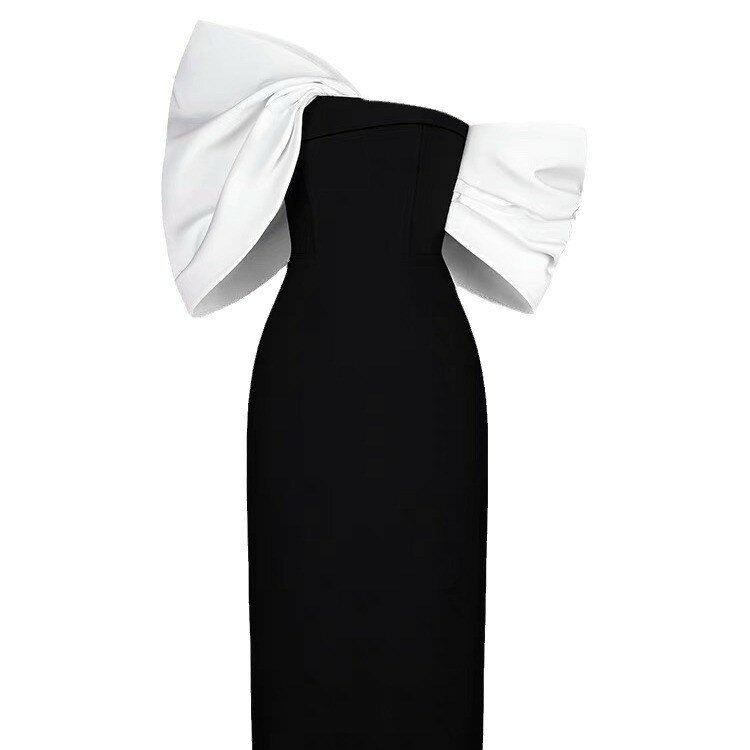 PuTao-vestido de noite formal feminino, mangas curtas, vestido de noiva, aniversário, comprimento do tornozelo, preto e branco, 2024