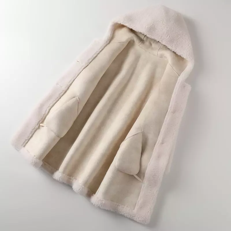 Abrigos de piel de lana auténtica para mujer, chaquetas de piel de oveja Natural para mujer, prendas de vestir informales cálidas con capucha, M141, 2023